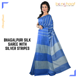 Bhagalpuri Silk Saree in Blue with Silver Stripes