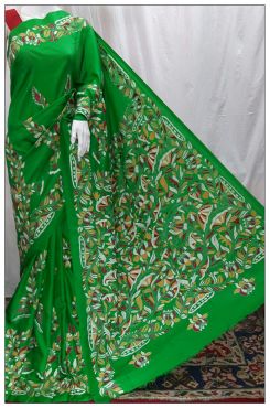 Vintage Kantha work Bangalore Silk Sarees (Parrot Green)