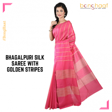 Bhagalpuri Silk Saree in Pink with Golden stripes