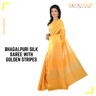 Bhagalpuri Silk Saree in Yellow with Gold stripes
