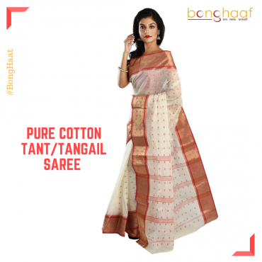 Pure Cotton Tant/Tangail Saree in White with Thick Border with Gold Zari