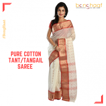 Pure Cotton Tant/Tangail Saree in White with Thick Border with Gold Zari