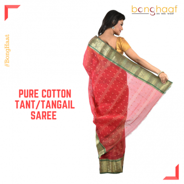 Pure Cotton Tant/Tangail Saree in Red and Thick Border with Gold Zari