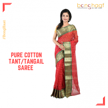 Pure Cotton Tant/Tangail Saree in Red and Thick Border with Gold Zari